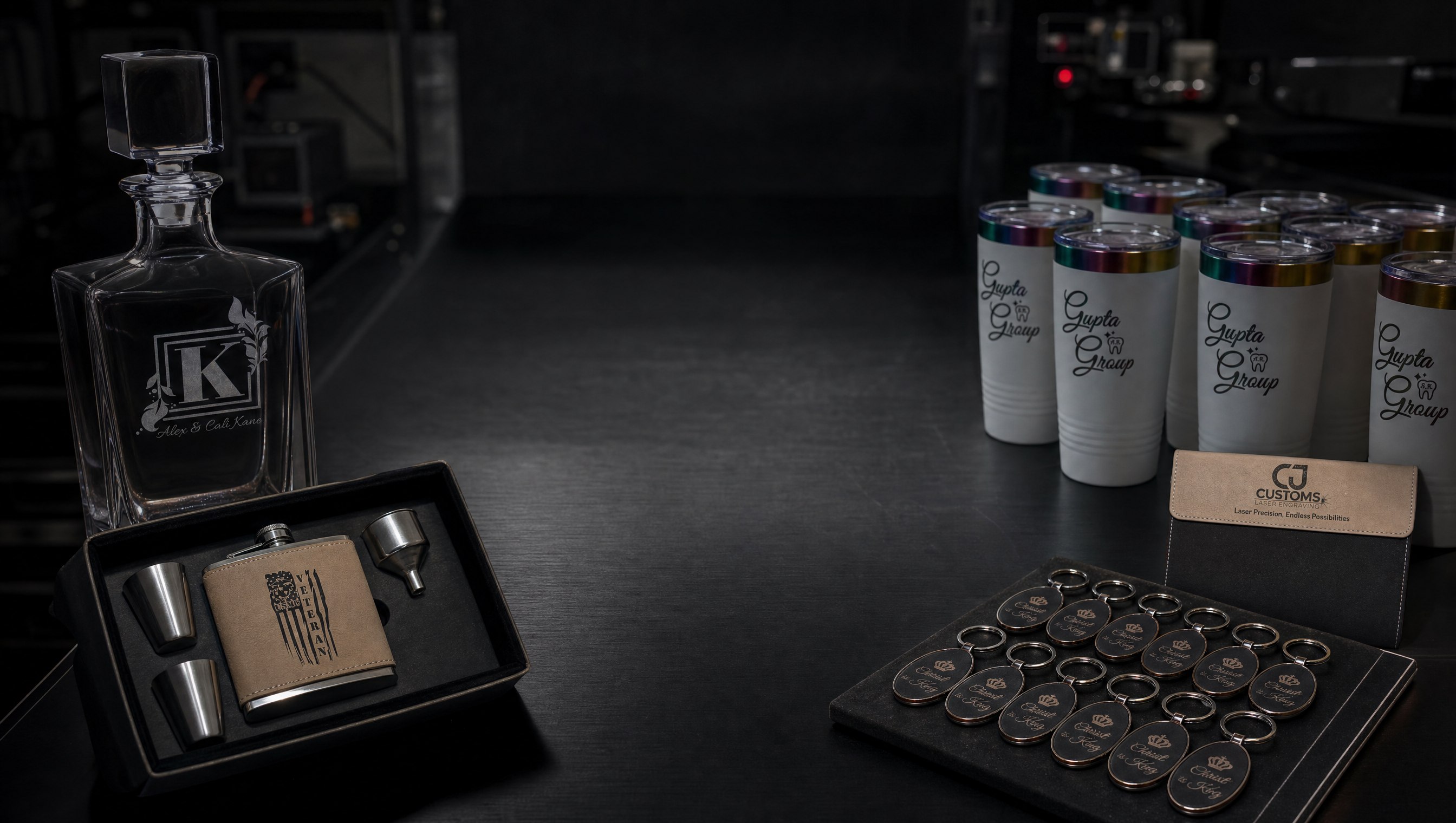 Engraved decanter, corporate tumblers, gift set, keychains, and card holder by CJ Customs